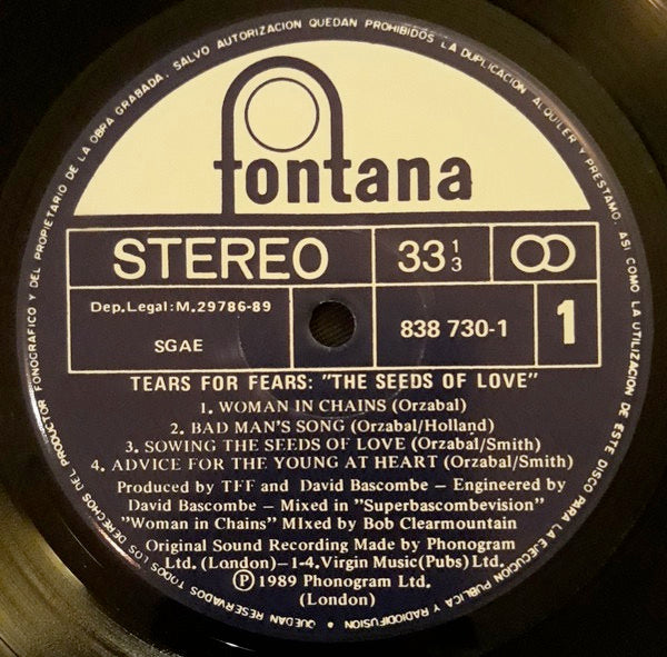 Image of Label Cover of LP - VG/VG - TEARS FOR FEARS, The Seeds Of Love (Fontana ; 838 730-1, Spain 1989, Inner), Strong VG, Stickers Stuck To Rear Sleeve,  - 2116171C