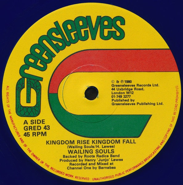 Image of Front Cover of 12" - VG/VG - WAILING SOULS, Kingdom Rise Kingdom Fall (Greensleeves Records; GRED 43, UK 1980, Blue Vinyl), Strong VG - just a few light marks.,  - 2116255C