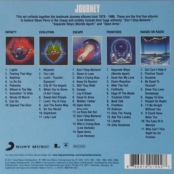 Image of Back Cover of 5xCD - VG+/VG+ - JOURNEY, Original Album Classics (Columbia; 88691901292, Europe 2011, Card Sleeve, 5 Inners), ,  - 2116222C