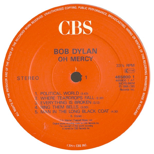 Image of Label Cover of LP - VG/VG - BOB DYLAN, Oh Mercy (CBS; 465800 1, UK 1989, No Inner, A1/B1), Sticker ghost on cover. Light marks on disc.,  - 2146160S