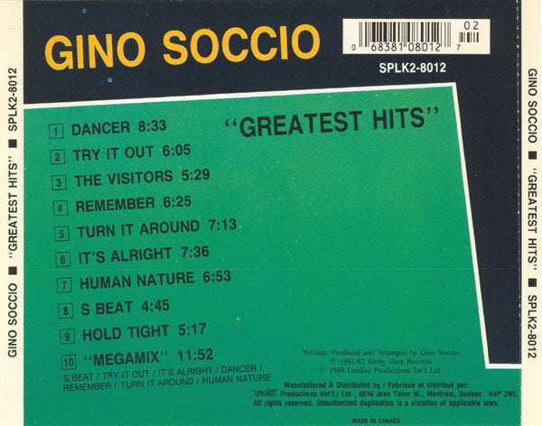 Image of Back Cover of CD - VG+/VG+ - GINO SOCCIO, Greatest Hits (Unidisc; SPLK2-8012, Canada 1989, Jewel Case), ,  - 2136048E