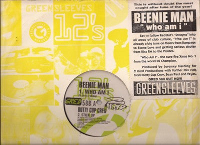 Image of Front Cover of 12" - VG+/VG+ - BEENIE MAN / DUTTY CUP CREW / SEAN PAUL / MR. VEGAS, Who Am I / Stick Up / Infiltrate / Nike Air (Greensleeves Records; GRED 588, UK 1997, Company Sleeve), Superficial lines, sounds EX. In company sleeve.,  - 2146151S