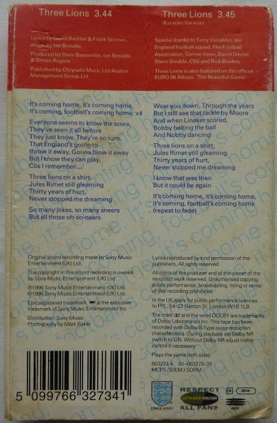 Image of Back Cover of Cassette - VG/VG+ - BADDIEL & SKINNER & LIGHTNING SEEDS, Three Lions (Epic; 663273 4, UK 1996, Slipcase), ,  - 2116303C