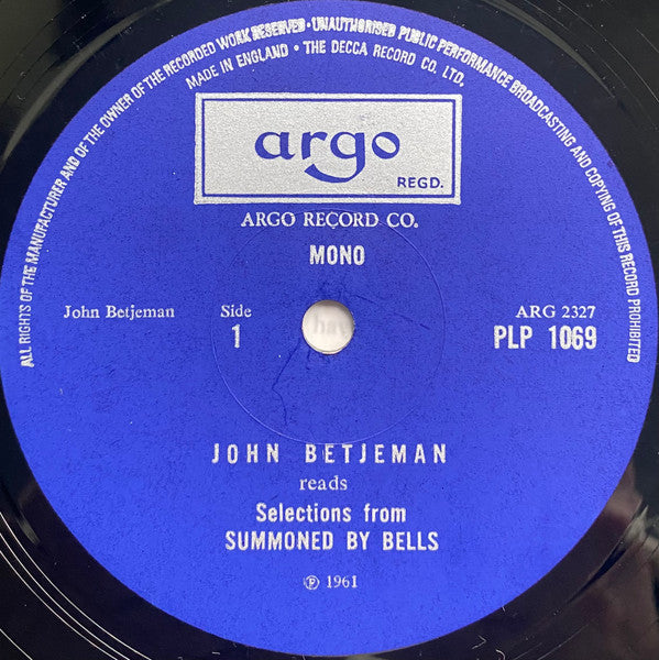 Image of Label Cover of LP - VG/VG - JOHN BETJEMAN, Summoned By Bells (Argo Blue Labels; PLP 1069, UK Reissue, Laminated Front Sleeve, Mono), ,  - 2116297C