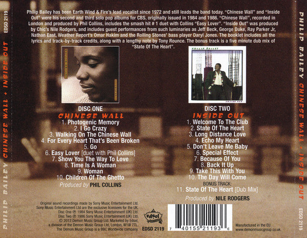 Image of Back Cover of CD - VG+/VG+ - PHILIP BAILEY, Chinese Wall / Inside Out (Edsel Records; EDSD 2119, UK 2012 Reissue, Jewel Case), ,  - 2116298C