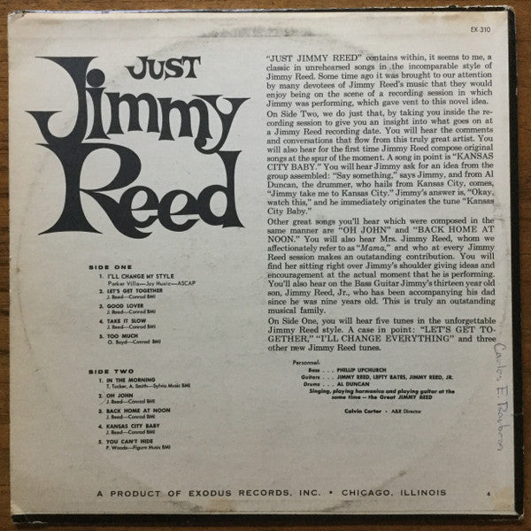 Image of Back Cover of LP - VG/VG - JIMMY REED, Just Jimmy Reed (Exodus Records; EX-310, US 1966 Reissue), Strong VG,  - 2146231S