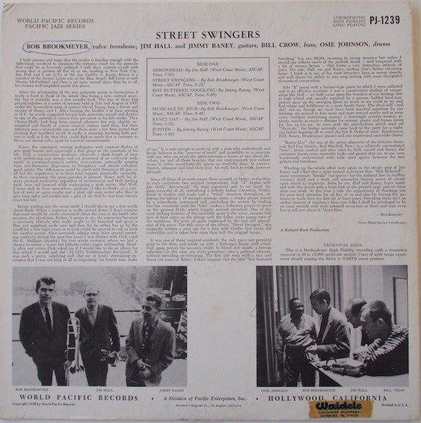 Image of Back Cover of LP - VG/VG+ - BROOKMEYER / HALL / RANEY WITH OSIE JOHNSON AND BILL CROW, The Street Swingers (World Pacific Records ; PJ-1239, US 1958), Few Hairlines on Vinyl. Small Seam Splits on Top and Bottom of sleeve.,  - 2146235S