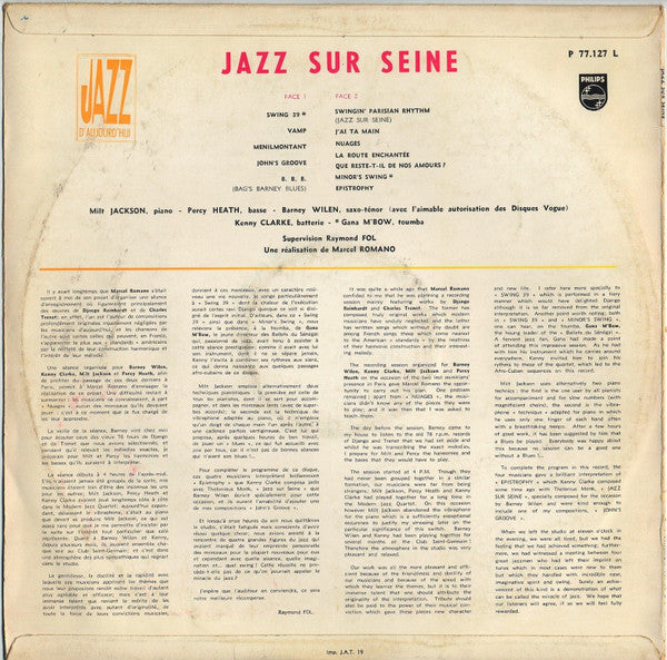 Image of Back Cover of LP - VG/G - MILT JACKSON / PERCY HEATH / BARNEY WILEN / KENNY CLARKE, Jazz Sur Seine (Philips; P 77.127 L, France 1959 Reissue), Lots of marks and harilines, plays G+ with background noise but no skip. Sleeve in great condition.,  - 2146240S