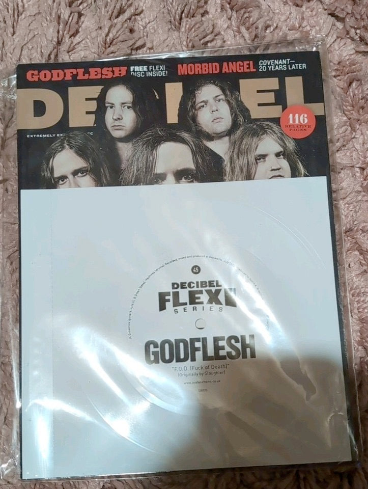 Image of Front Cover of 2xBook - VG/VG - GODFLESH, Decibel Magazine 109 featuring Godflesh (,  2013, Paperback, Godflesh White 7" Flexi Disc), Comes with 2 copies of the same flexi for some reason. 1 copy has a black mark on disc. the other one looke VG+,  - 2136131E