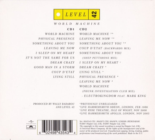 Image of Back Cover of 2xCD - VG+/VG+ - LEVEL 42, World Machine (Polydor; 9843543, Europe 2007 Reissue, Double Digipak In Plastic Slipcase, Booklet, Deluxe Edition), ,  - 2116464C