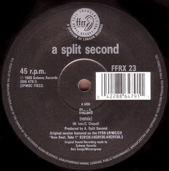 Image of Back Cover of 12" - VG+/VG - A SPLIT SECOND, Flesh (Remix) (FFRR; FFRX 23, UK 1988, Company Sleeve), ,  - 2146188S
