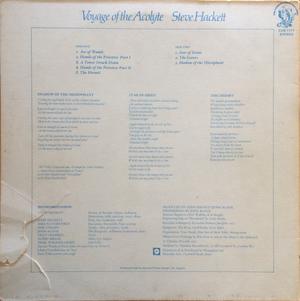 Image of Back Cover of LP - VG/G+ - STEVE HACKETT, Voyage Of The Acolyte (Charisma Small Hatter Labels; CAS 1111, UK 1975, Gatefold), Glossy disc, Hairlines, One feelable mark on B3,  - 2116330C