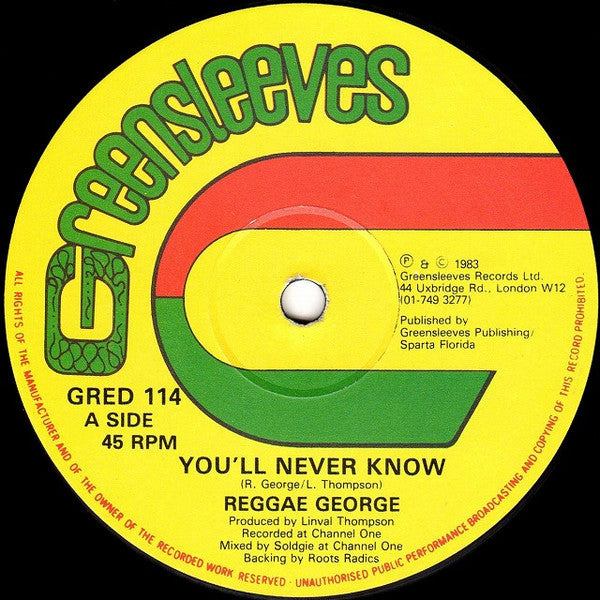 Image of Label Cover of 12" - VG+/VG+ - REGGAE GEORGE, You'll Never Know / We Still Survive (Greensleeves Records; GRED 114, UK 1983, Company Sleeve), ,  - 2126146E
