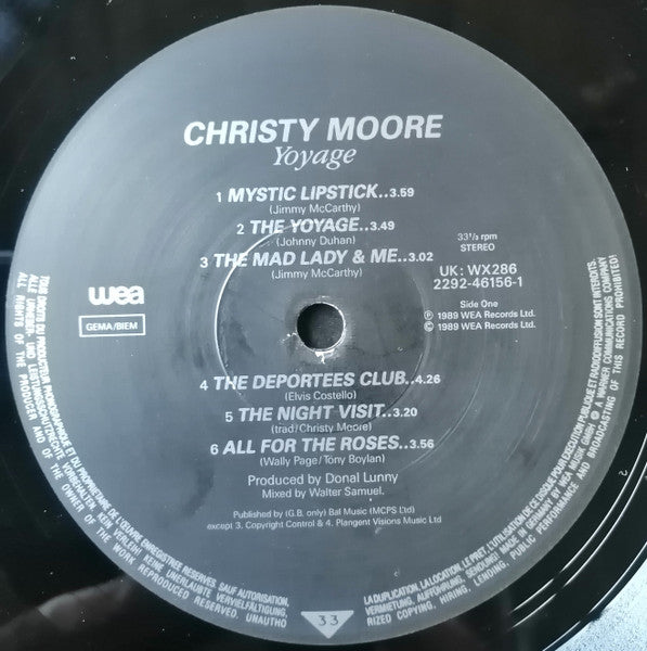 Image of Label Cover of LP - VG/VG+ - CHRISTY MOORE, Voyage (WEA; WX286, UK & Europe 1989, Inner, feat Sinead O'Connor and Elvis Costello), ,  - 2226097E