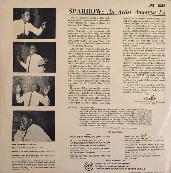 Image of Back Cover of LP - F/G+ - THE MIGHTY SPARROW, The Mighty Sparrow (RCA; LPB-1056, Trinidad & Tobago 1960), Lots of superficial lines, plays nice above grade. Red RCA label variation. Sleeve is split on 2 seams, both panels still look decent.,  - 2126184E