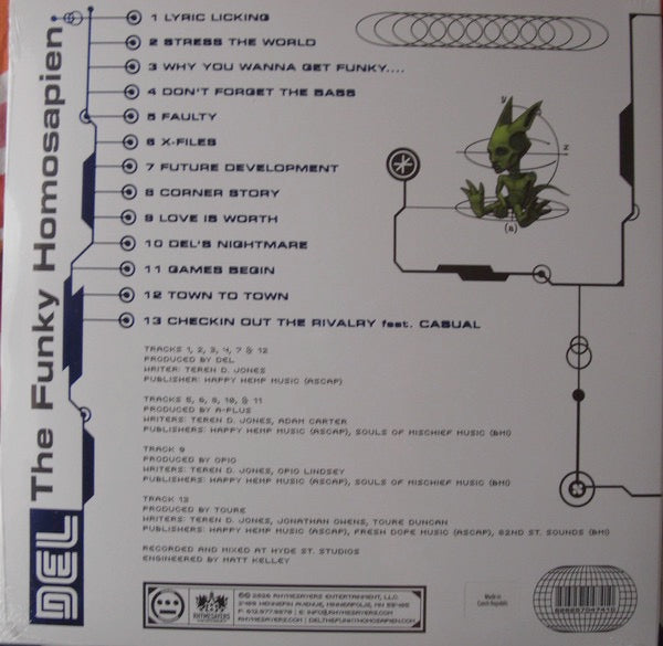 Image of Back Cover of 2xLP - NEW/NEW - DEL THE FUNKY HOMOSAPIEN, Future Development (Rhymesayers Entertainment; RSE474LP-C1, Europe 2026, Metallic Blue Vinyl), , Future Development is Del the Funky Homosapien s third album and, following his departure from major label Elektra, his first solo full-length for his independent label, Hieroglyphics Imperium Recordings. Originally released on cassette in 1997, and later reissued on CD and vinyl in 2002, the album largely relied on in-house production from Del al
