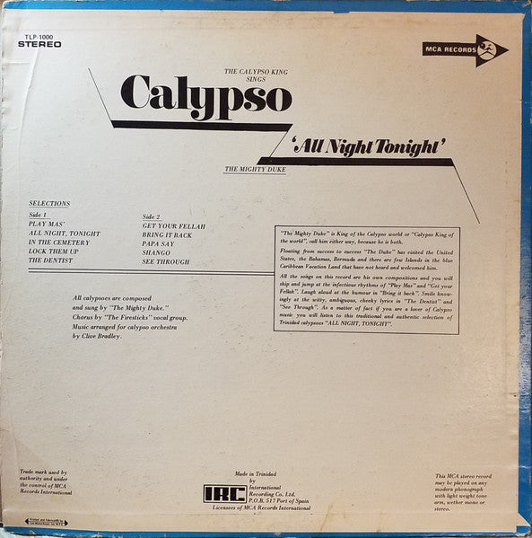 Image of Back Cover of LP - VG/VG - THE MIGHTY DUKE, Calypso - All Night Tonight (MCA Records; MAP-S-1890, Trinidad & Tobago 1970), ,  - 2126187E