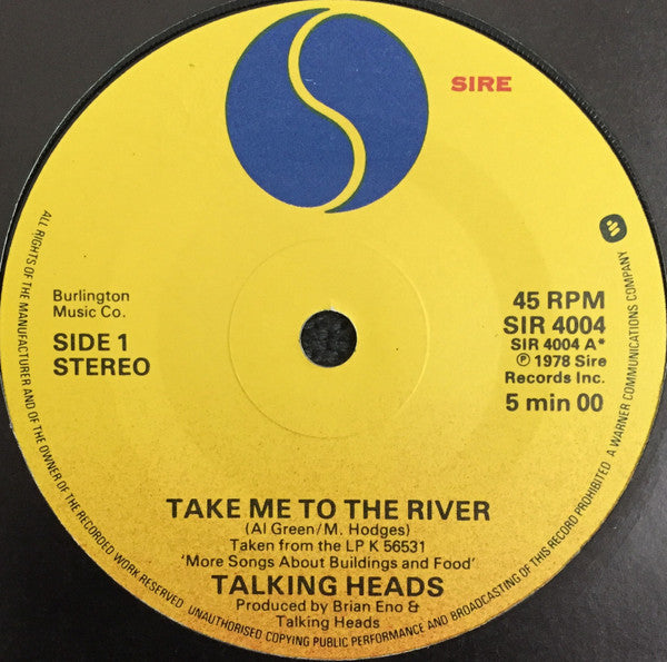 Image of Label Cover of 2x7" - VG/VG - TALKING HEADS, Take Me To The River (Sire; SIR4004, UK 1978, Gatefold, Limited Edition), Strong VG, A Take Me To The RiverB Found A JobC Love Goes To Building On FireD Psycho Killer - 1916448C