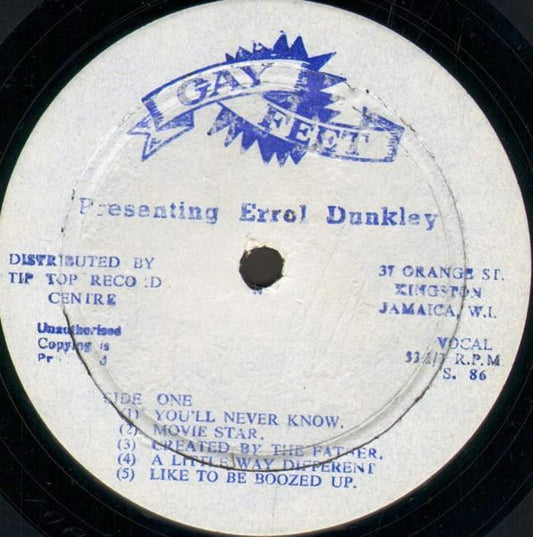 Image of Front Cover of LP - /G - ERROL DUNKLEY, Presenting Errol Dunkley (Gay Feet; Gayfeet 004, Jamaica 1972, Plain Sleeve), Covered in marks and scuffs, plays strong above grade, pretty much VG. Clean labels, plain sleeve., Tracklist:A1	You'll Never KnowA2	Movie StarA3	Created The FatherA4	A Little Way DifferentA5	Liked To Be Boozed UpB1	Darling Ooh!B2	Baby I Love YouB3	You Gonna Need MeB4	I'm Not The Man For YouB5	It Was Nice While It Lasted - 2116530C