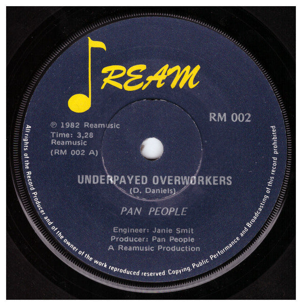 Image of Front Cover of 7" - /VG+ - PAN PEOPLE, Underpayed Overworkers / Can't Get Enough Of You (Ream; RM 002, South Africa , Solid Centre), Clean copy. Rare South-African reggae!,  - 2116535C