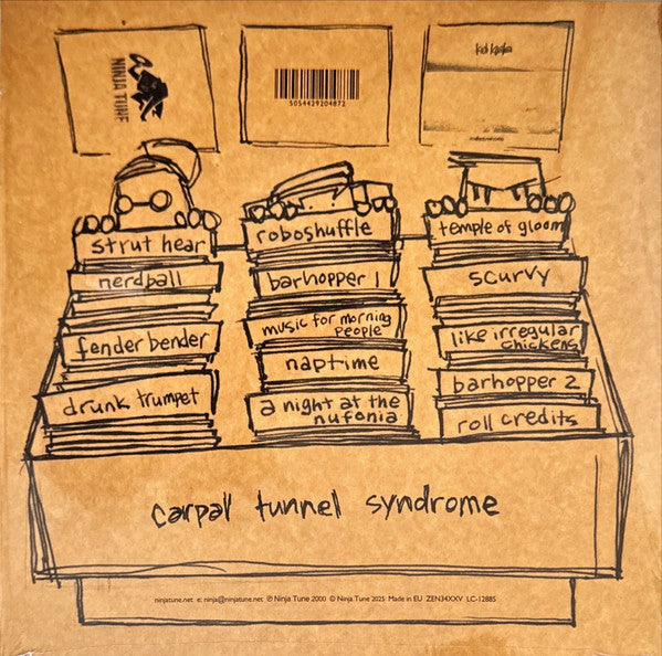Image of Back Cover of LP - VG+/VG+ - KID KOALA, Carpal Tunnel Syndrome (Ninja Tune; ZEN34XXV, Europe 2025 Reissue, With 7" Flexi-disc; Black Yolk Vinyl), Stickered shrink,  - 2116514C