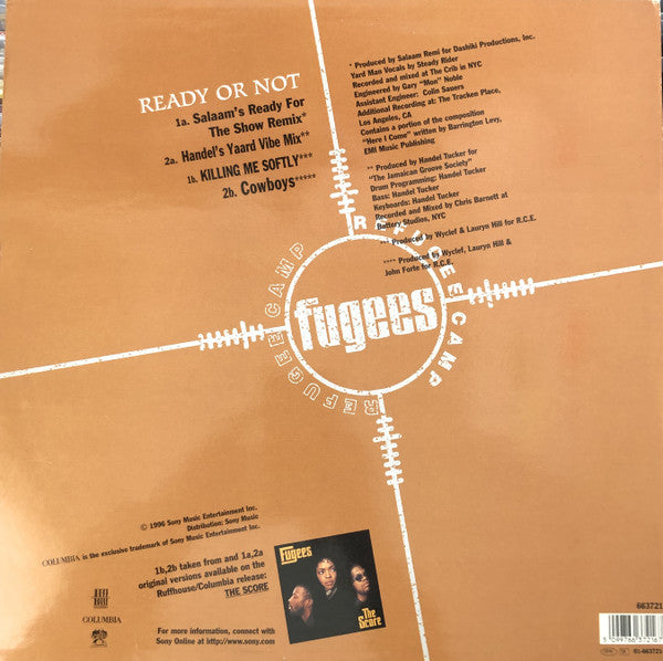 Image of Back Cover of 12" - VG/G - FUGEES, Ready Or Not (Columbia; 663721 6, UK 1996, Picture Sleeve), Parental guidance and european tour stickers on front sleeve,  - 2116552C