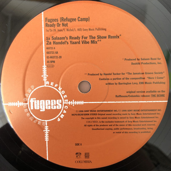 Image of Label Cover of 12" - VG/G - FUGEES, Ready Or Not (Columbia; 663721 6, UK 1996, Picture Sleeve), Parental guidance and european tour stickers on front sleeve,  - 2116552C