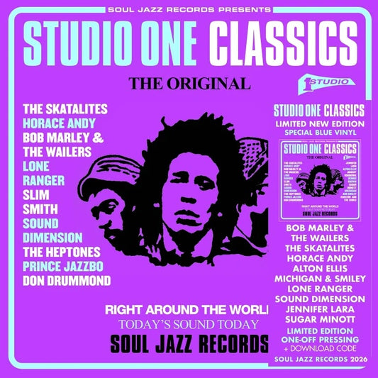 Image of Front Cover of 2xLP - NEW/NEW - VARIOUS ARTISTS, Studio One Classics (Soul Jazz Records; SJRLP96C2, UK 2026, Blue Vinyl), , Soul Jazz Records celebrate 25 years of working in partnership with Studio One with brand new editions of five of their bestselling classic Studio One collections released as special edition one-off pressing coloured double vinyl editions. This collection contains numerous legendary tracks, includingBob Marley and The Wailers   Simmer Down ,  Love Me Forever  by Carlton & His 