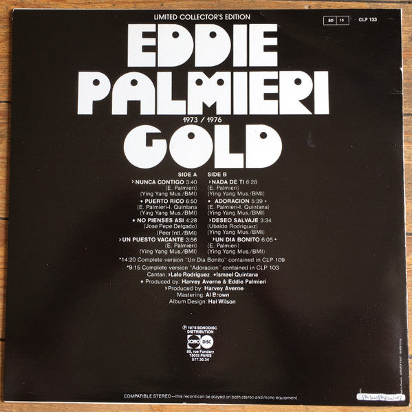 Image of Back Cover of LP - G+/VG - EDDIE PALMIERI, Gold 1973 / 1976 (Coco Records; SP 2105, France 1976), Sleeve has some stains on it. Edge wear and creasing,  - 2116555C