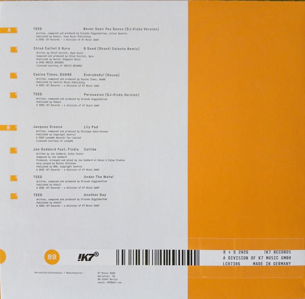 Image of Back Cover of LP - NEW/NEW - VARIOUS ARTISTS, DJ Kicks: Teed (!K7 Records; K7452LP, Europe , EcoRecord), , This carefree vibe dominates the mix, which after a short beatless intro dives head first into a pumping house bassline. That track, "Everybody" by Casino Times, is one of several exclusives, alongside tunes by Joe Goddard, Austin Ato, Jacques Greene and Oscar Farrell. According to TEED, he knew instinctively that he didn't want a mix that took "seven tracks to get going." In preparation, he r