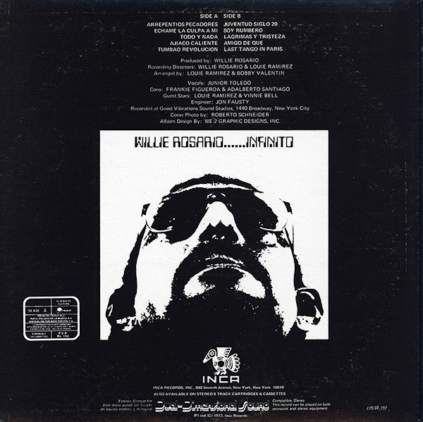 Image of Back Cover of LP - VG/VG+ - WILLIE ROSARIO, Infinito (Inca Records; LPS-88.192, Venezuela 1973), Sleeve lightly worn throughout and at edges. Scuffs and creases; light ink staining on front. Corners bumped and worn. Import sticker on reverse,  - 2116581C