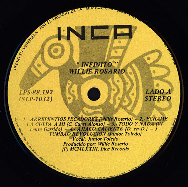Image of Label Cover of LP - VG/VG+ - WILLIE ROSARIO, Infinito (Inca Records; LPS-88.192, Venezuela 1973), Sleeve lightly worn throughout and at edges. Scuffs and creases; light ink staining on front. Corners bumped and worn. Import sticker on reverse,  - 2116581C