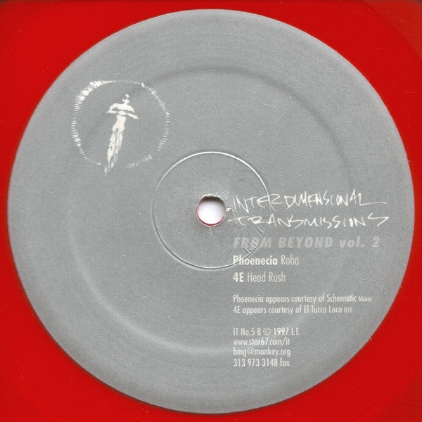 Image of Back Cover of 12" - VG/VG+ - VARIOUS, From Beyond (Volume 2 In A Series Of 4) (Interdimensional Transmissions; IT No. 5, US 1997, Picture Sleeve, Limited Edition, Special Cut, Red Vinyl.), , A1 Sluts'n'Strings & 909   StarchildA2 Flexitone  	I Am Sitting In A VersionB1 Phoenecia   RobaB2 4E   Head Rush - 2126255E