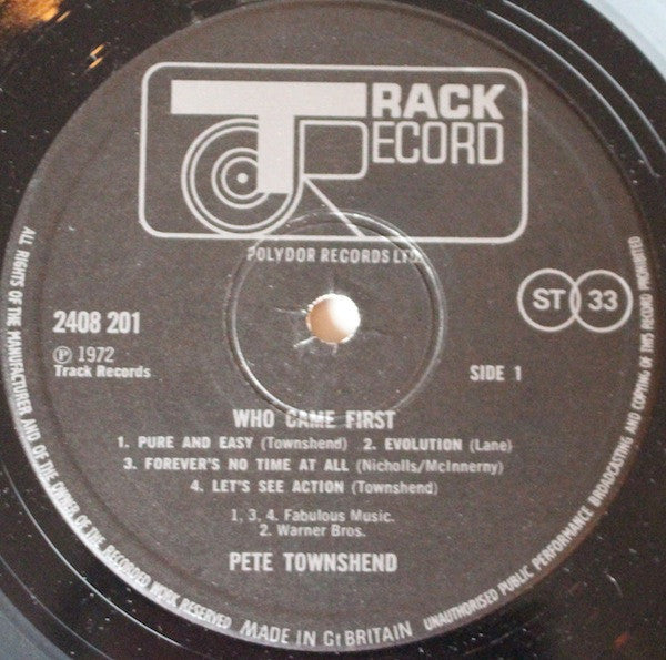 Image of Label Cover of LP - VG/VG+ - PETE TOWNSHEND, Who Came First (Track Record Black Labels With ST33 Right Aligned ; 2408 201, UK 1970s Reissue, Laminated Gatefold Sleeve With Distibuted By Polydor In White Circle On Rear , Poster), ,  - 2116614C