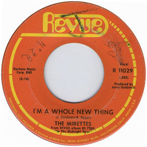 Image of Front Cover of 7" - F/G+ - THE MIRETTES, I'm A Whole New Thing / First Love (Revue; R 11029, US 1968, Company Sleeve), Sleeve very damaged, creased, ripped, stained. Free Sample stamps on it. Labels worn with ripped factory sample sticker ,  - 2116608C
