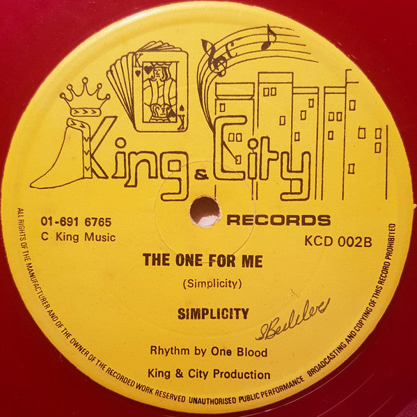 Image of Front Cover of 12" - VG/VG+ - SIMPLICITY, Loving Kind / The One For Me (King & City Records; KCD 002, UK 1980s, Company Sleeve, Red Vinyl), ,  - 2146318S