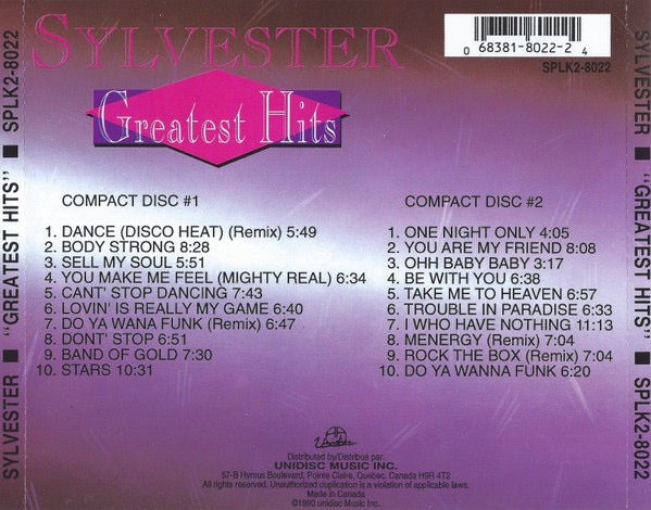 Image of Back Cover of 2xCD - EX/EX - SYLVESTER, Greatest Hits (Unidisc; SPLK2-8022, Canada , Fatbox Double Case), ,  - 2116596C