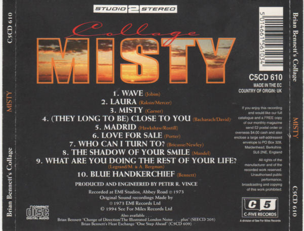 Image of Back Cover of CD - VG+/VG+ - BRIAN BENNETT'S COLLAGE, Misty (C5 Records; C5CD 610, UK & Europe 1994, Jewel Case), ,  - 2136200E