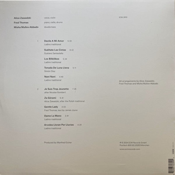 Image of Back Cover of LP - VG+/EX - ALICE ZAWADZKI / FRED THOMAS / MISHA MULLOV-ABBADO, Za G rami (ECM Records; ECM 2810, Germany 2024), Still In Opened Shrinkwrap,  - 2116642C