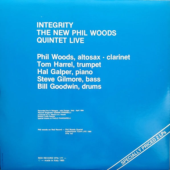 Image of Back Cover of 2xLP - VG/VG - THE NEW PHIL WOODS QUINTET, Integrity (The New Phil Woods Quintet Live) (Red Record; VPA 177, Italy 1985, Gatefold), Strong VG across the board.,  - 2116644C