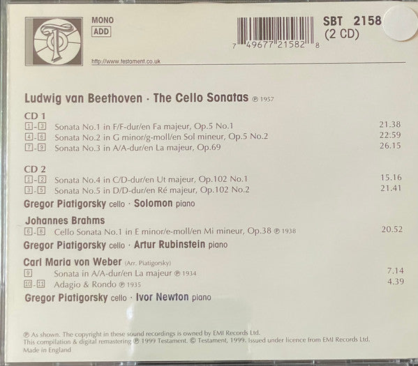 Image of Back Cover of 2xCD - VG+/VG - GREGOR PIATIGORSKY, SOLOMON (6), ARTHUR RUBINSTEIN - BEETHOVEN, BRAHMS, Cello Sonatas (Testament; SBT 2158, UK 1999, Jewel Case), ,  - 2136207E