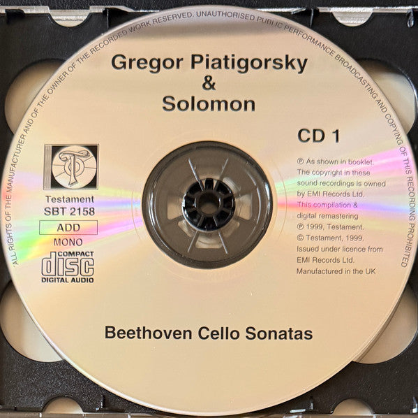 Image of Label Cover of 2xCD - VG+/VG - GREGOR PIATIGORSKY, SOLOMON (6), ARTHUR RUBINSTEIN - BEETHOVEN, BRAHMS, Cello Sonatas (Testament; SBT 2158, UK 1999, Jewel Case), ,  - 2136207E