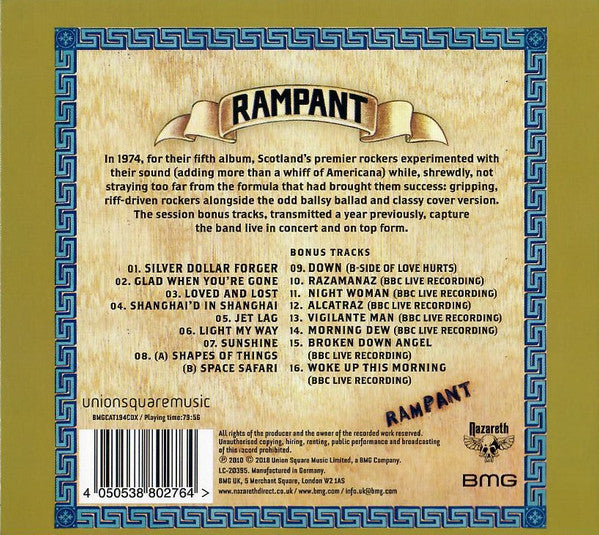 Image of Back Cover of CD - VG+/VG+ - NAZARETH, Rampant (BMG; BMGCAT194CDX, Europe 2022, Digipak, Booklet), ,  - 2136211E