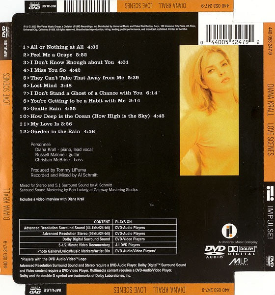 Image of Back Cover of DVD - EX/M - DIANA KRALL, Love Scenes (Impulse!; 440 053 247-9, US 2003 Reissue, DVD-Audio, DVD-Video, Multichannel, NTSC), Still SEALED In Stickered Shrinkwrap,  - 2116701C