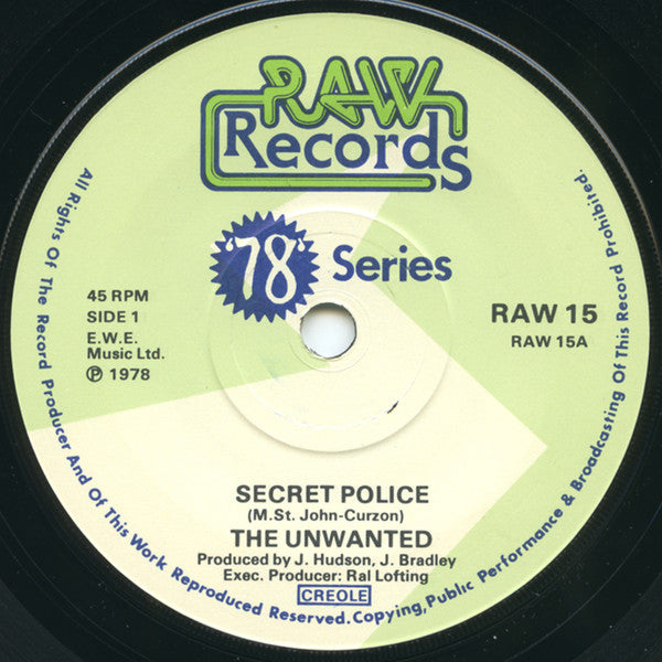 Image of Label Cover of 7" - VG+/VG+ - UNWANTED, Secret Police/ These Boots were Made for Walking (Raw; RAW15, UK 1980, Picture Sleeve), Strong VG+ Throughout,  - 0326227E