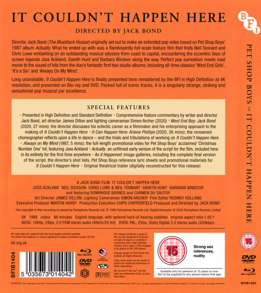 Image of Back Cover of 2xBlu-Ray - VG+/VG+ - PET SHOP BOYS, It Couldn't Happen Here (BFI; BFIB1404, UK 2020), ,  - 2136214E