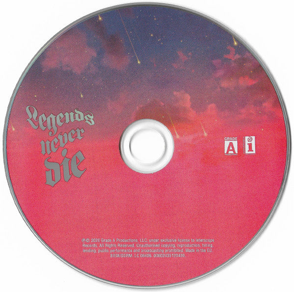 Image of Label Cover of CD - NEW/NEW - JUICE WRLD, Legends Never Die (Interscope; , Europe 2020), , Legends Never Die is the album by American rapper Juice Wrld, released posthumously following his death on December 8, 2019. This poignant, bleak, and beautiful album includes guest spots from Marshmello ("Hate The Other Side," "Come and Go") and Halsey ("Life's A Mess"). The 22-track project set several records when it debuted at No. 1 on the Billboard 200 upon release. Featuring the hit singles "Righteous,"