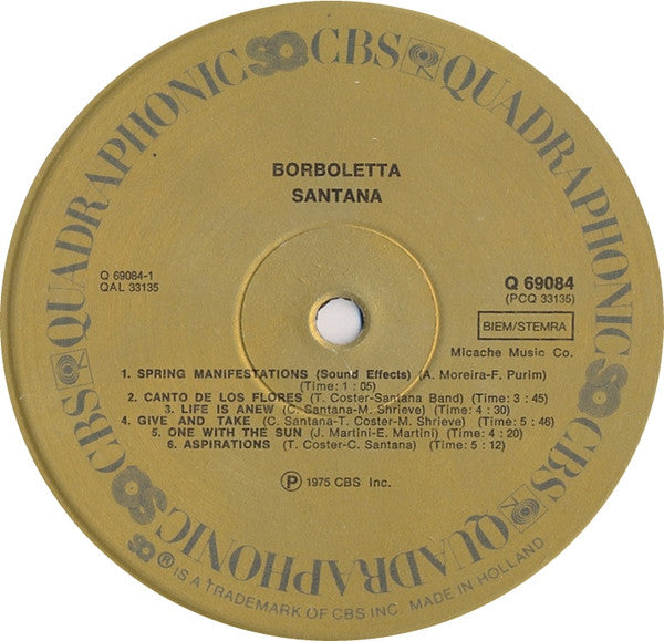 Image of Label Cover of LP - VG/VG - SANTANA, Borboletta (CBS; Q69084, Europe 1975 reissue, Metallic Sleeve, Inner, Quadraphonic), Edge wear and creasing, some sticker damage to front of sleeve.  Small tear to inner. ,  - 2126318E