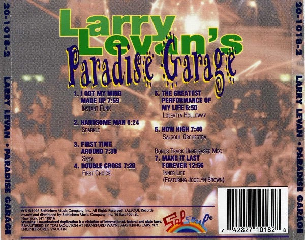 Image of Back Cover of CD - VG+/VG+ - LARRY LEVAN, Larry Levan's Paradise Garage (Salsoul Records; 20-1018-2, US 1996, Jewel Case), ,  - 2116729C