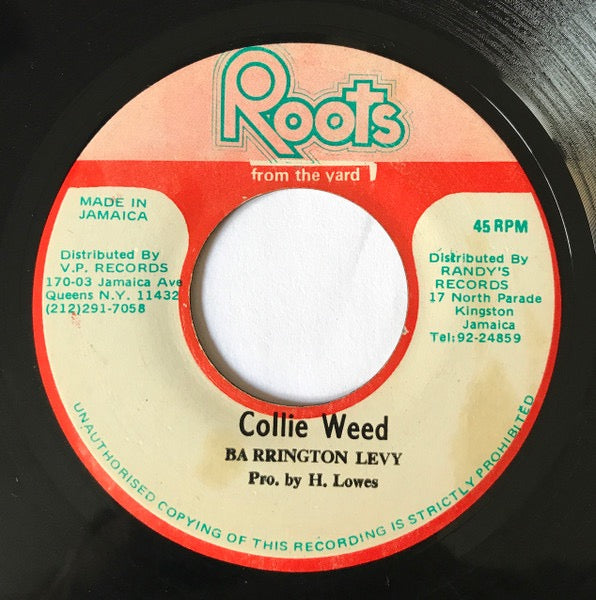 Image of Front Cover of 7" - /VG - BARRINGTON LEVY, Collie Weed (Roots From The Yard; none, Jamaica 1979, Plain Sleeve), Just a few light marks. Clean labels.,  - 2216011C